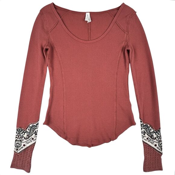 Free People Womens Y2K Waffle Knit Shirt Small Bandana Cuff Boho Thermal Western - Picture 1 of 15
